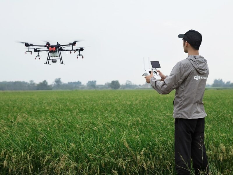 Foto van een man met een drone in een groen landschap