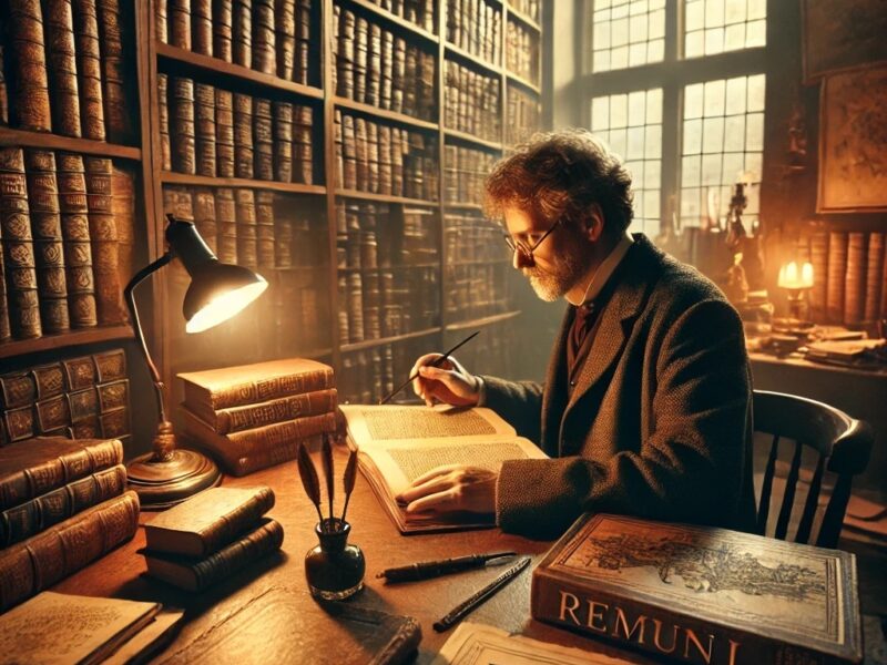 Foto van een schrijver die werkt aan een boek over de taal Remunjs